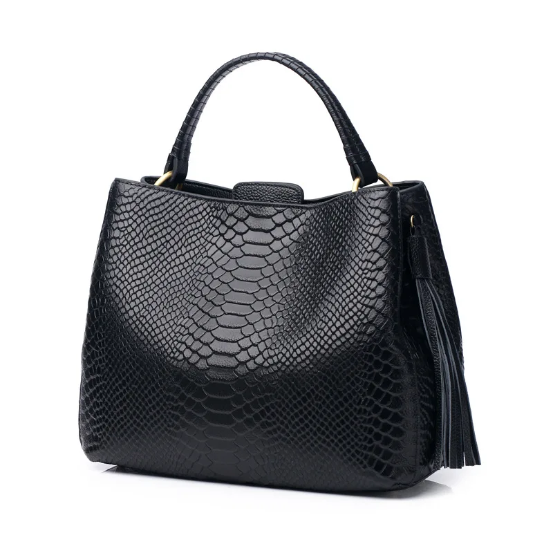 Soft Genuine Real Leather Bucket Tote Bag Women Designer Shoulder Bag Leather Handbag with Tassels Female Snake Print Hobos Bags