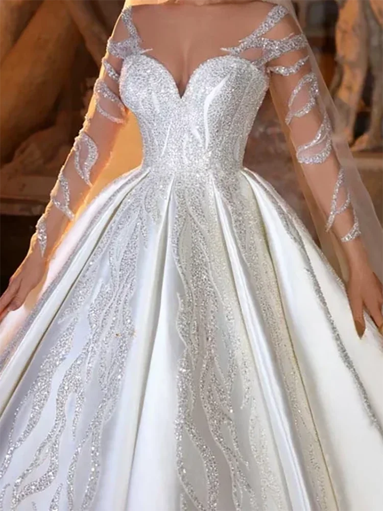 エレガントな恋人レースプリーツフルスリーブ A ライン花嫁のウェディングドレスブライダルドレスカスタマイズ