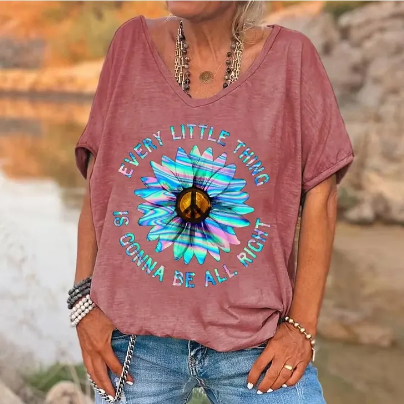 ilstile Women's Sunflower Print T-ShirtShort Sleeve Peace Symbol Casual Loose Tee Every Little Thing Is Gonna Be All Right Boho