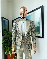 Trajes de esmoquin Jacquard Floral para hombres, vestido de fiesta de boda, ajuste Delgado, chaqueta de caballero, chaleco, pantalón, traje masculino de 3 piezas