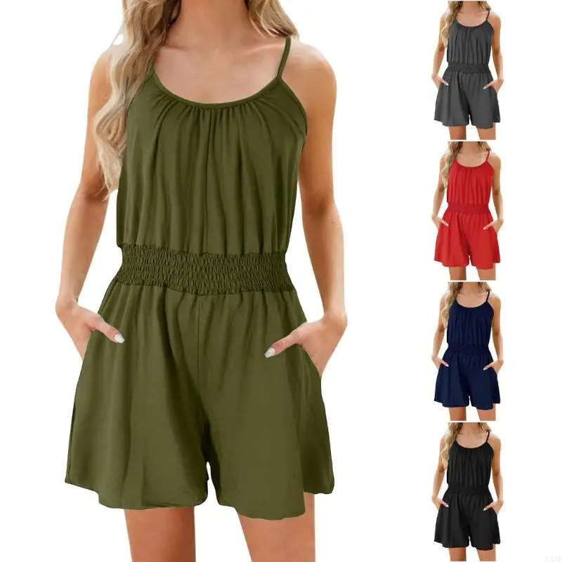 

Y3NE Rompers for Women Casual Adjustable Spaghetti Straps Overalls Sleeveless Elastic High Waist Short Jumpsuits with Pockets