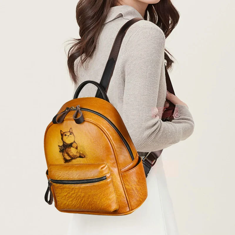 2024 New Retro Backpacks For Women Bags Designer Hand-painted Genuine Leather Luxury Girls School Backpack Woman Bagpack