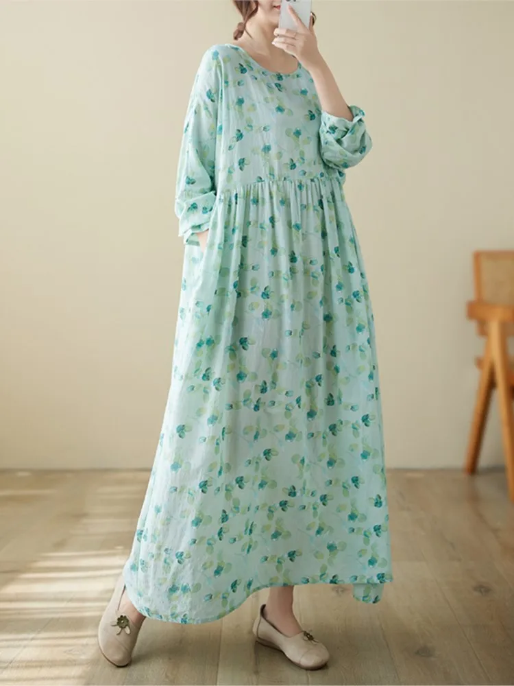 Oversized Autumn Floral Flower Print Long Dress Women Fashion Casual Pleated Ladies Dresses Loose Long Sleeve Woman Dress 2023