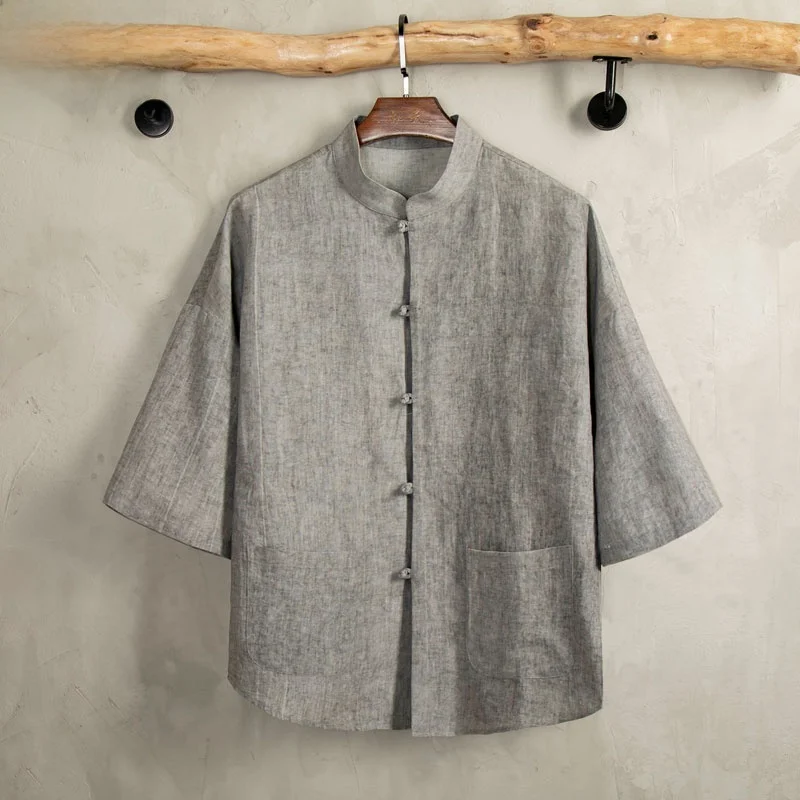 

Летняя мужская рубашка из хлопка и льна, повседневная, с воротником-стойкой, с коротким рукавом, в стиле ретро, молодежная одежда, однотонная, из стираного хлопка.