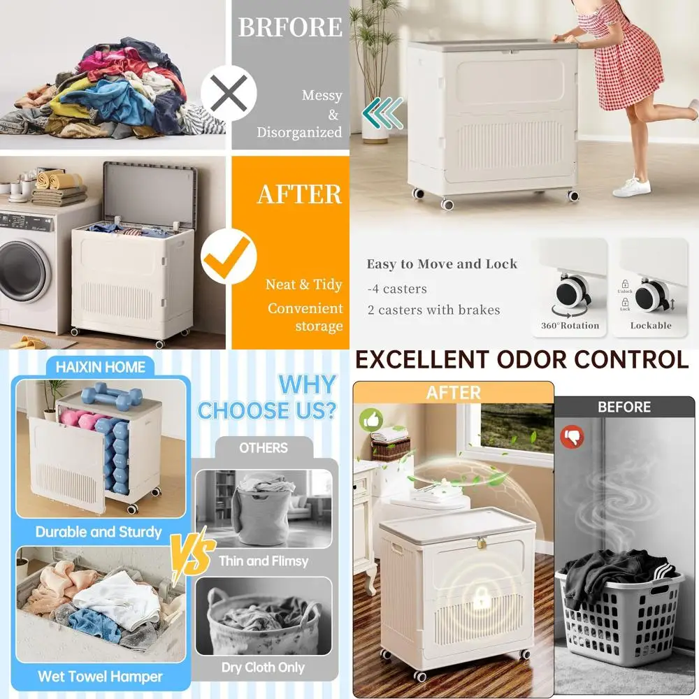 

130L Large Capacity Rolling Laundry Hamper with Lid, Collapsible Plastic Baskets on Wheels for Easy Laundry Transport