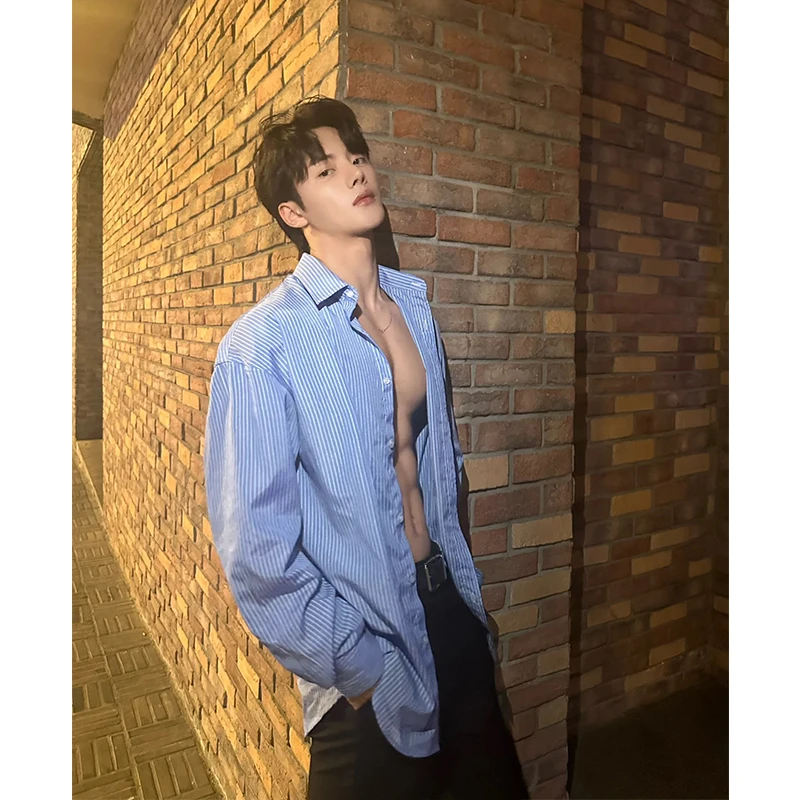 Blue Striped Men's Long Sleeve Shirt Jacket Summer Korean Style Sun Protection Loose Fit Fashionable Turn-down Collar Outerwear