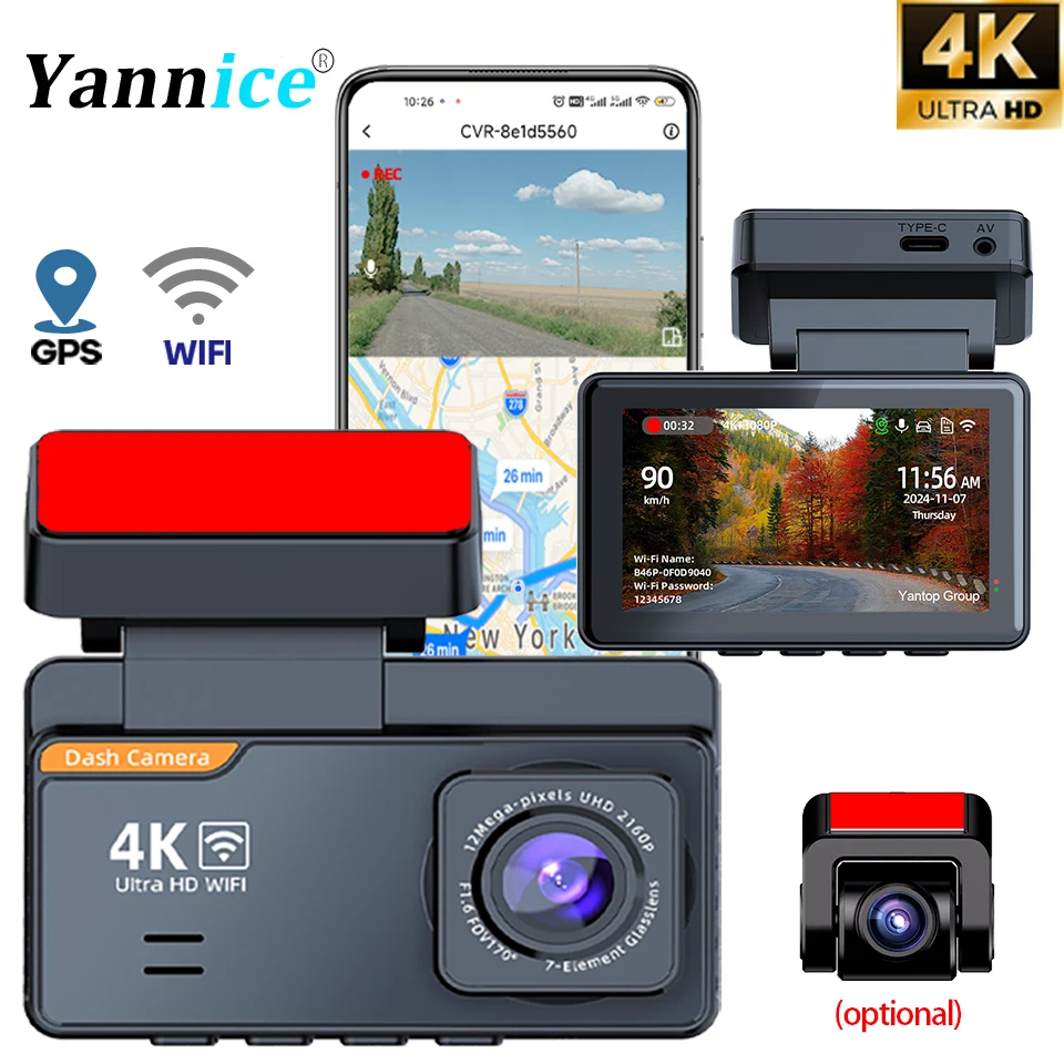 Dash Car Camera Built-In Wi-Fi＆GPS 24H 170° Wide Angle Parking Monitoring Night Vision 1080P Rear Camera UHD 4K Video Recorder