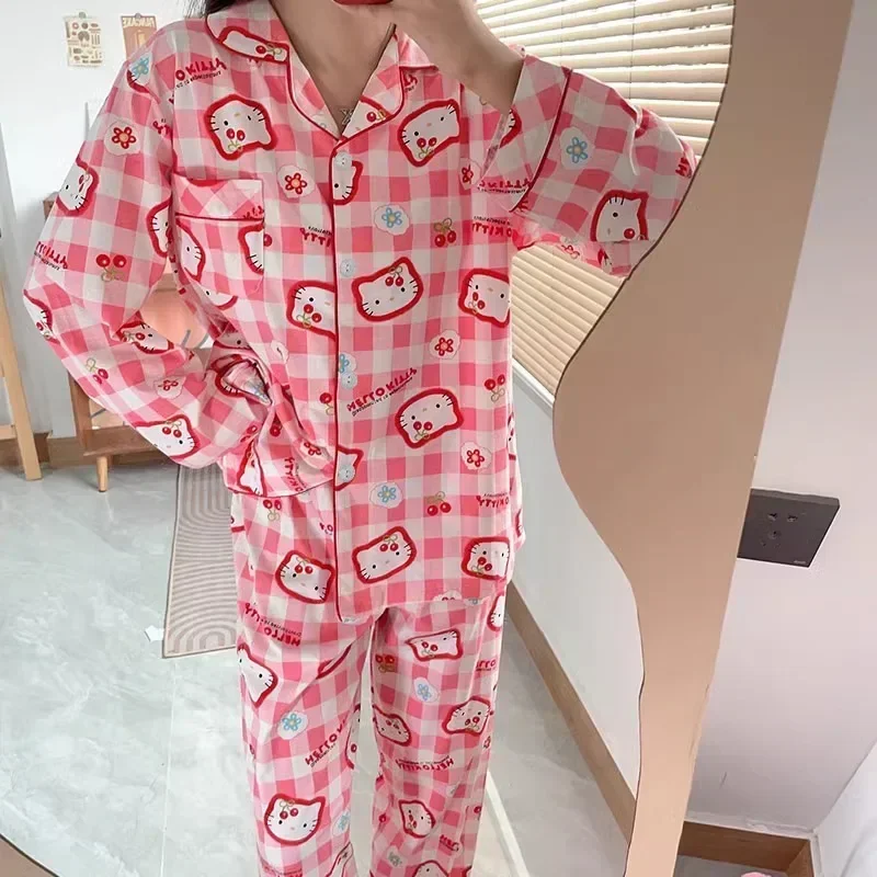 Sanrio hello kitty outono puro algodão novas calças de manga comprida pijamas femininos casuais pijamas de seda conjunto loungewear feminino