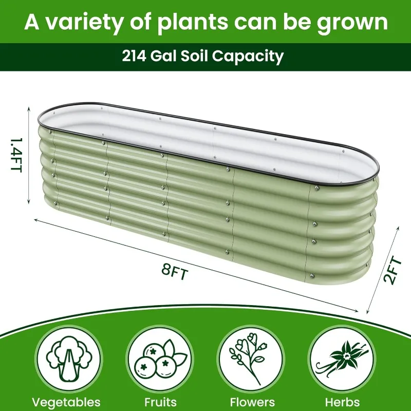 8 X 2 X 1.4 Ft Galvanized Raised Garden Bed,Sturdy and Easy to Assemble Oval Raised Planter Beds Outdoor for Vegetables