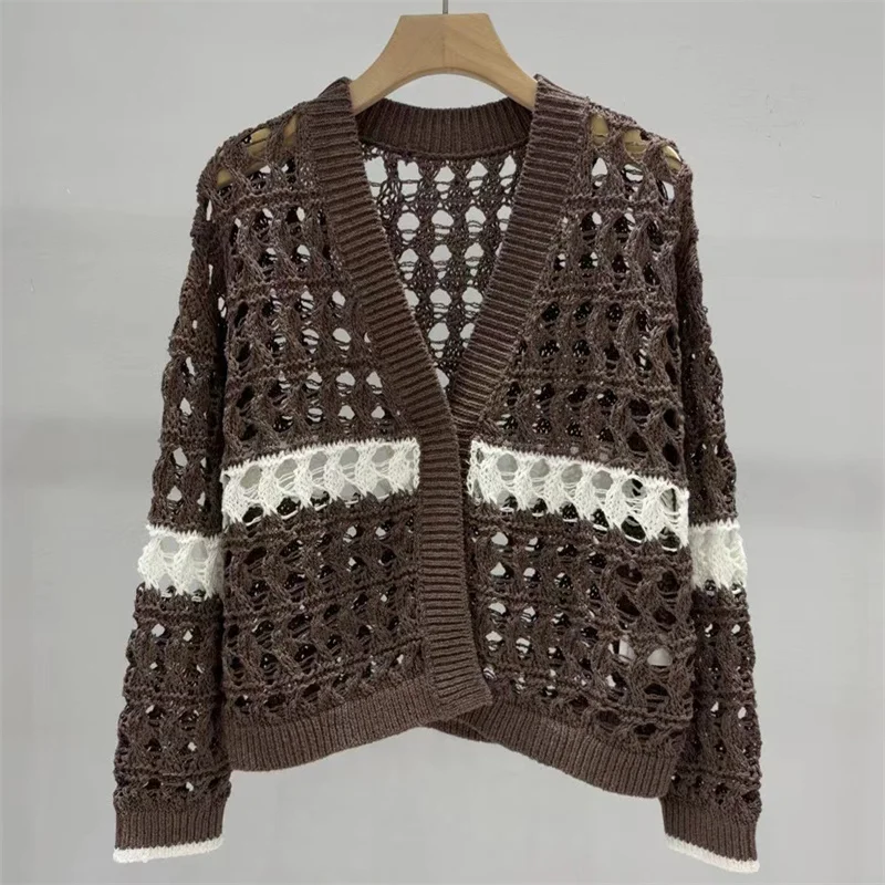 

Cardigan woman New elastic knitted hollow out V-neck long sleeved top for summer 2025 Cotton blend striped thin coat knitwear