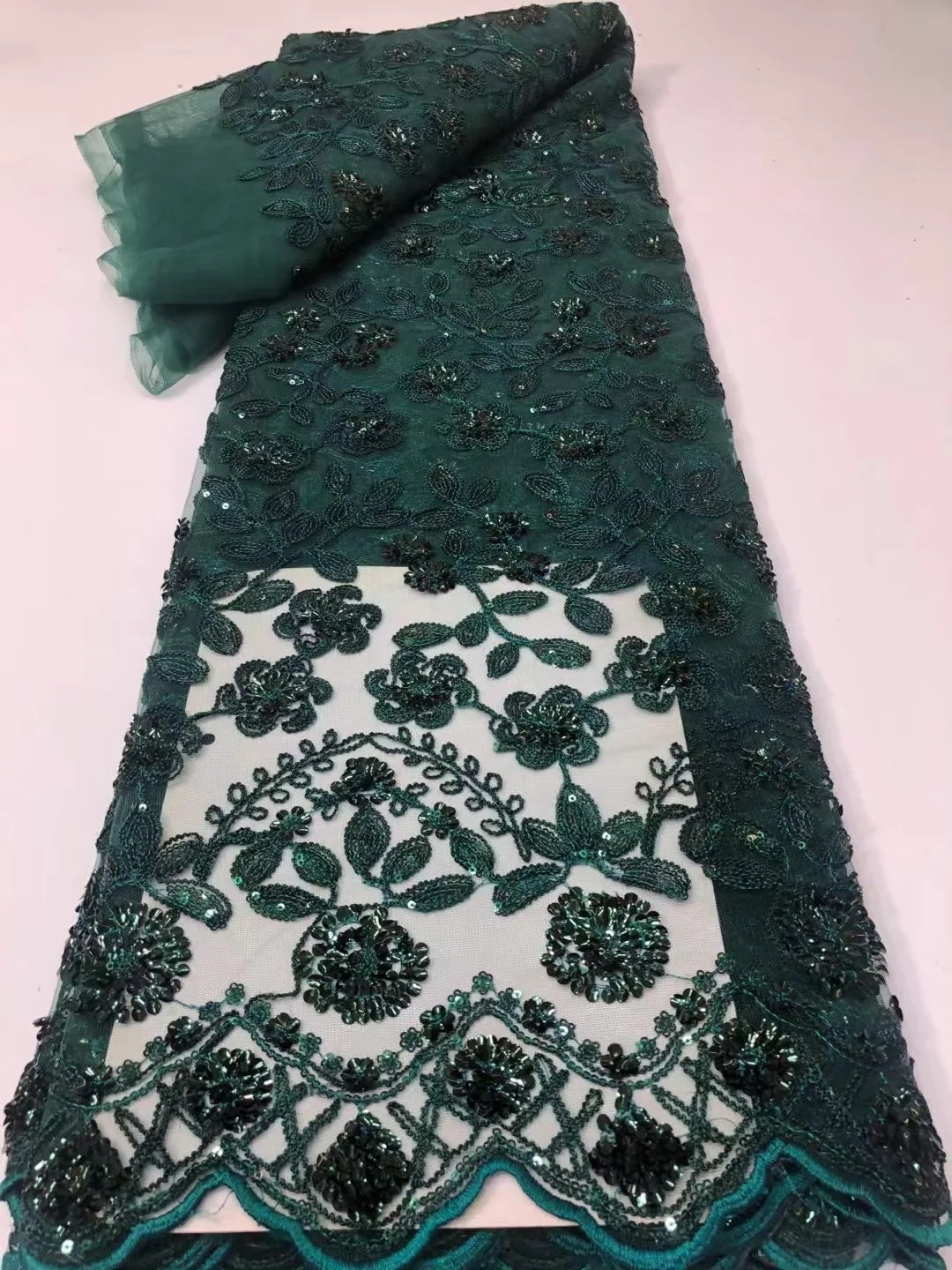 

Fashion Green African Lace Fabric Sequins Tulle Mesh Embroidery Lace for Wedding Bridal Fabrics High Quality Laces Dresses 2024