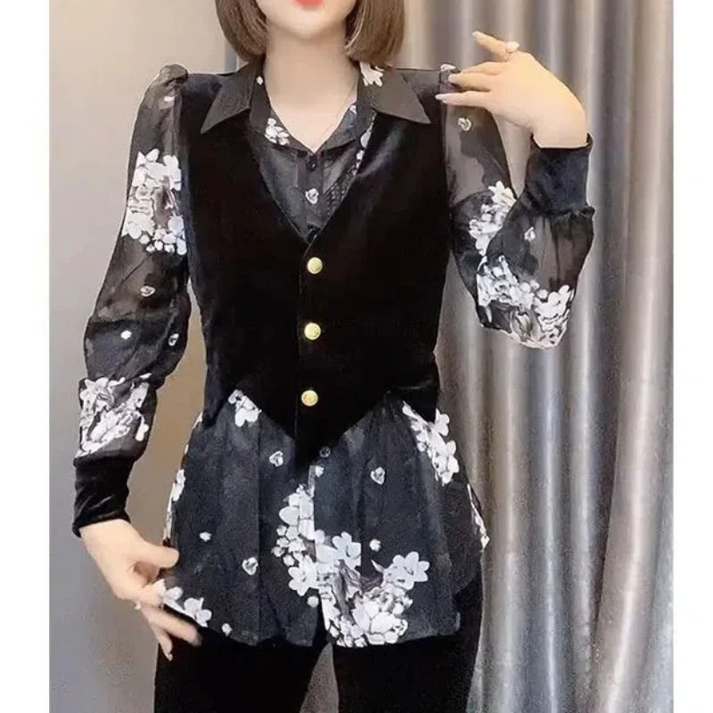 Camisa feminina manga longa com gola polo, botão estampado, colete falso de duas peças, blusas de emenda, moda que combina com tudo, novo, primavera, outono, 2022