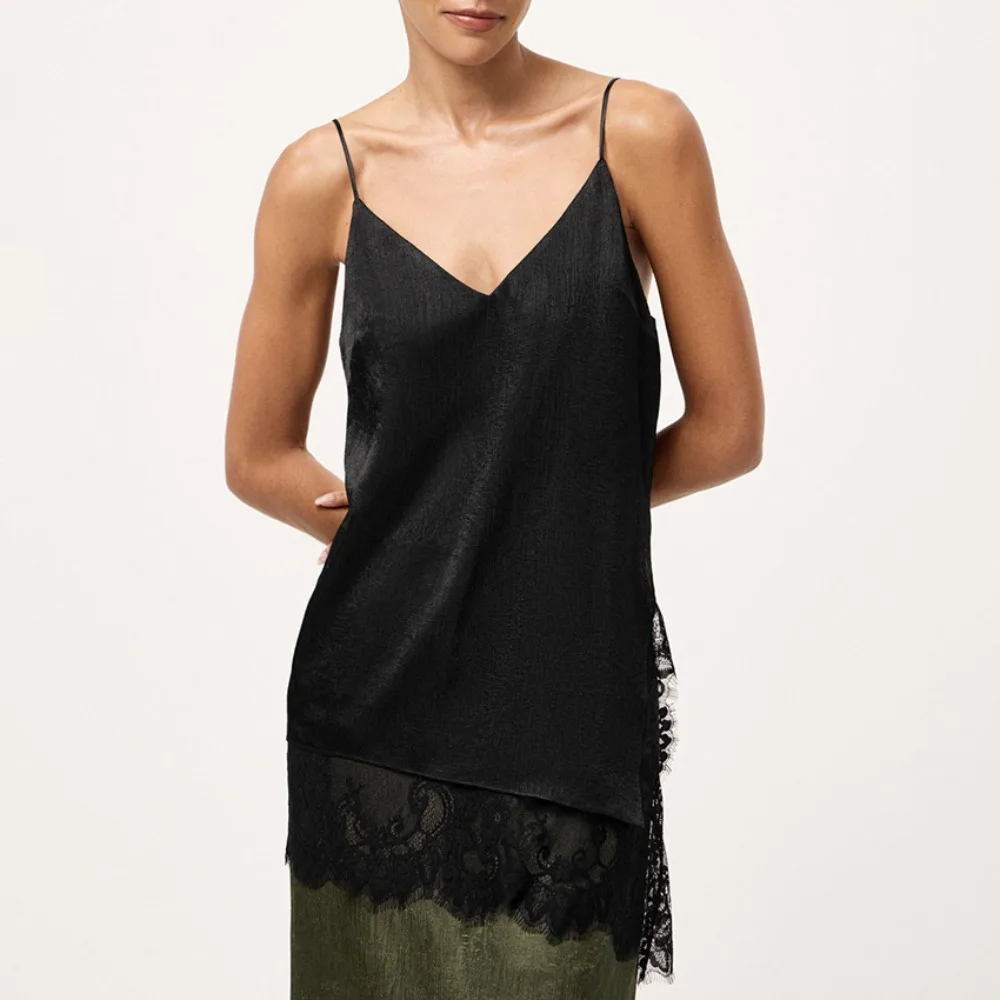 Trendy Asymmetrical Lace Lace Patchwork Top Sleeveless Sexy Lace Camisole Tops V Neck Elegant Backless Tops Summer Wear