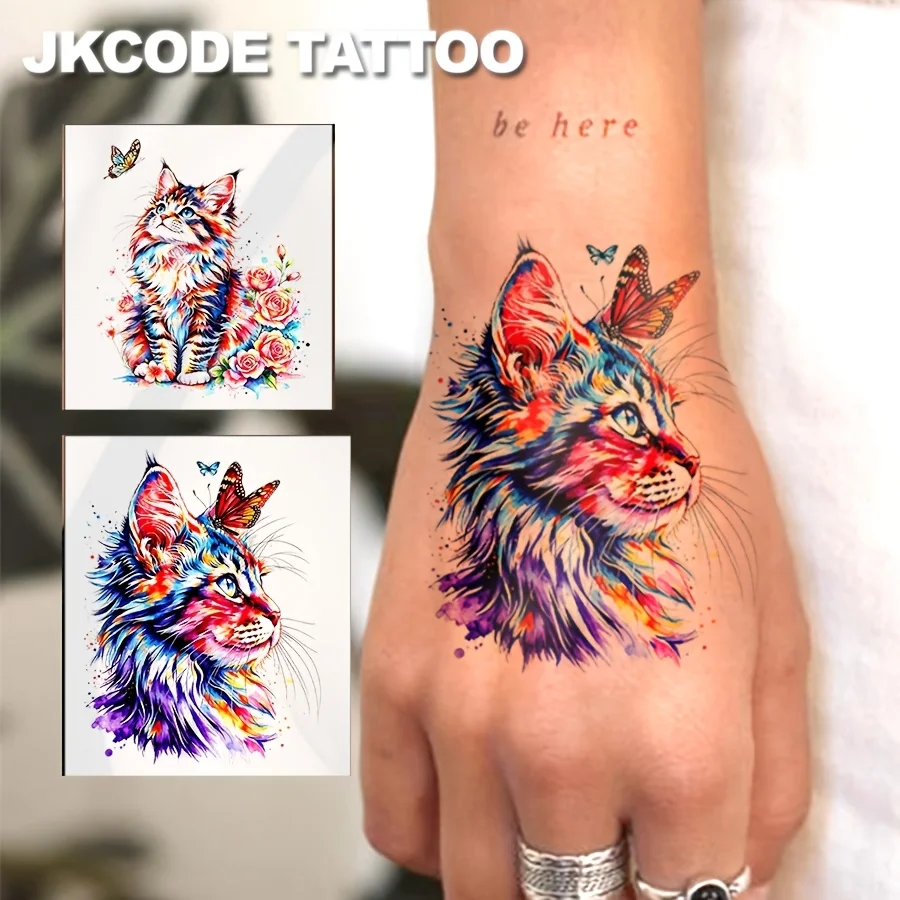 2-Pack of Realistic Rainbow-Colored Cute Maine  Cat Tattoo Stickers, Fashionable Pet Tattoo Stickers, Colorful Cat Tattoos, Sweet and Cool Tattoos for Women, Simple, Cute, and Quirky Colorful Printed Tattoo Stickers, Can Last for 3-5 Days
