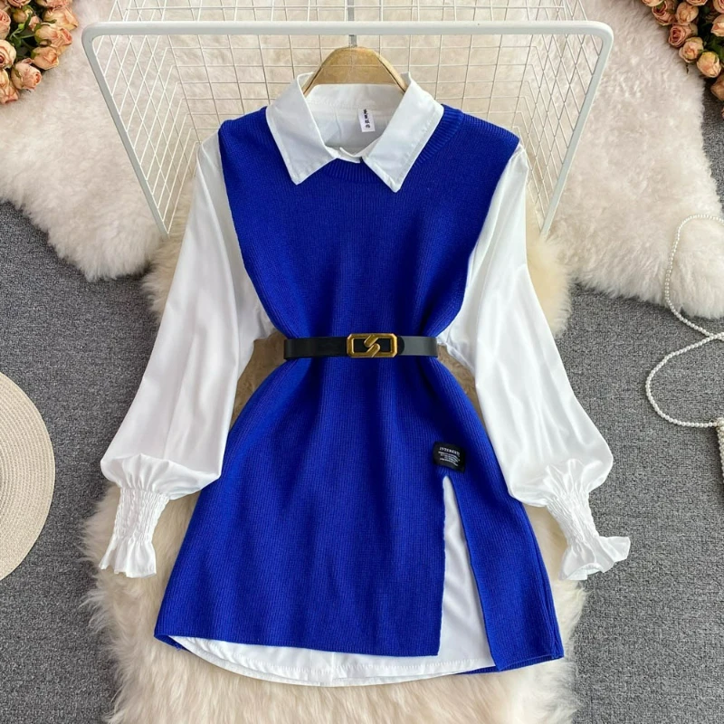 Lantern Sleeves White Shirt Mwomen's Clothing Age-reducing Sweet and Loose Meat-covering Split-ended Vest Sweater Stacked