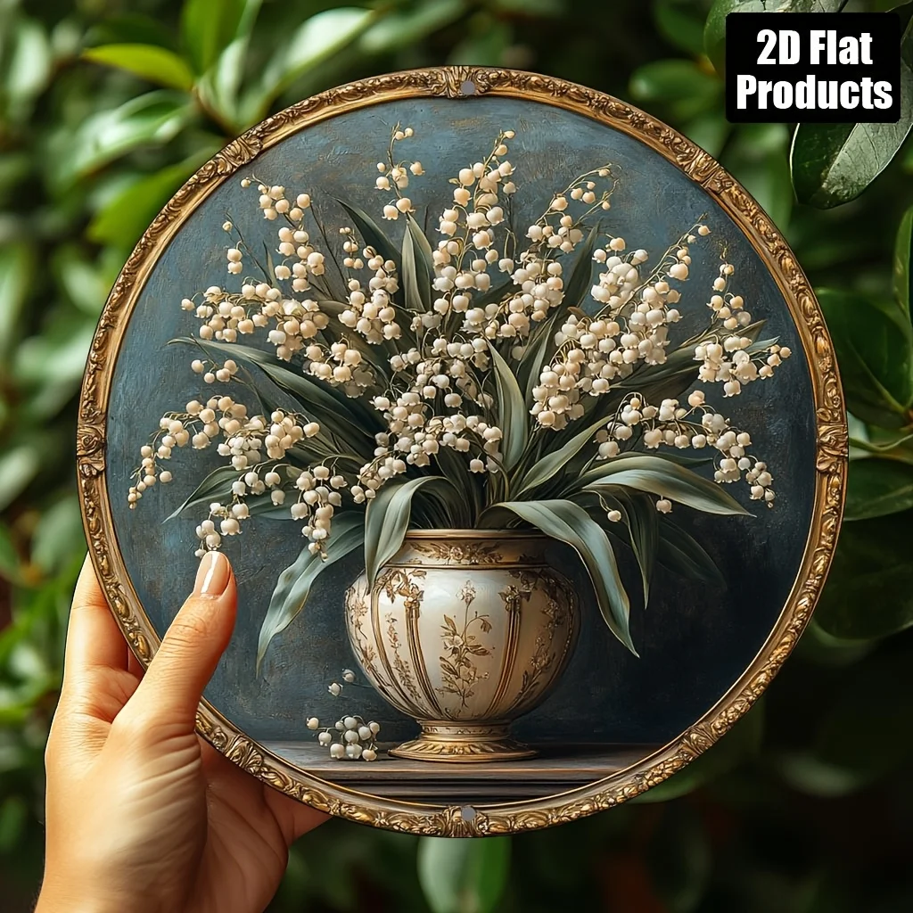 2D Flat - [Home Relaxation] Vintage Lily of the Valley Round Aluminum Wall Art, 20.32x20.32 cm - Elegant Floral Decorative Plaqu