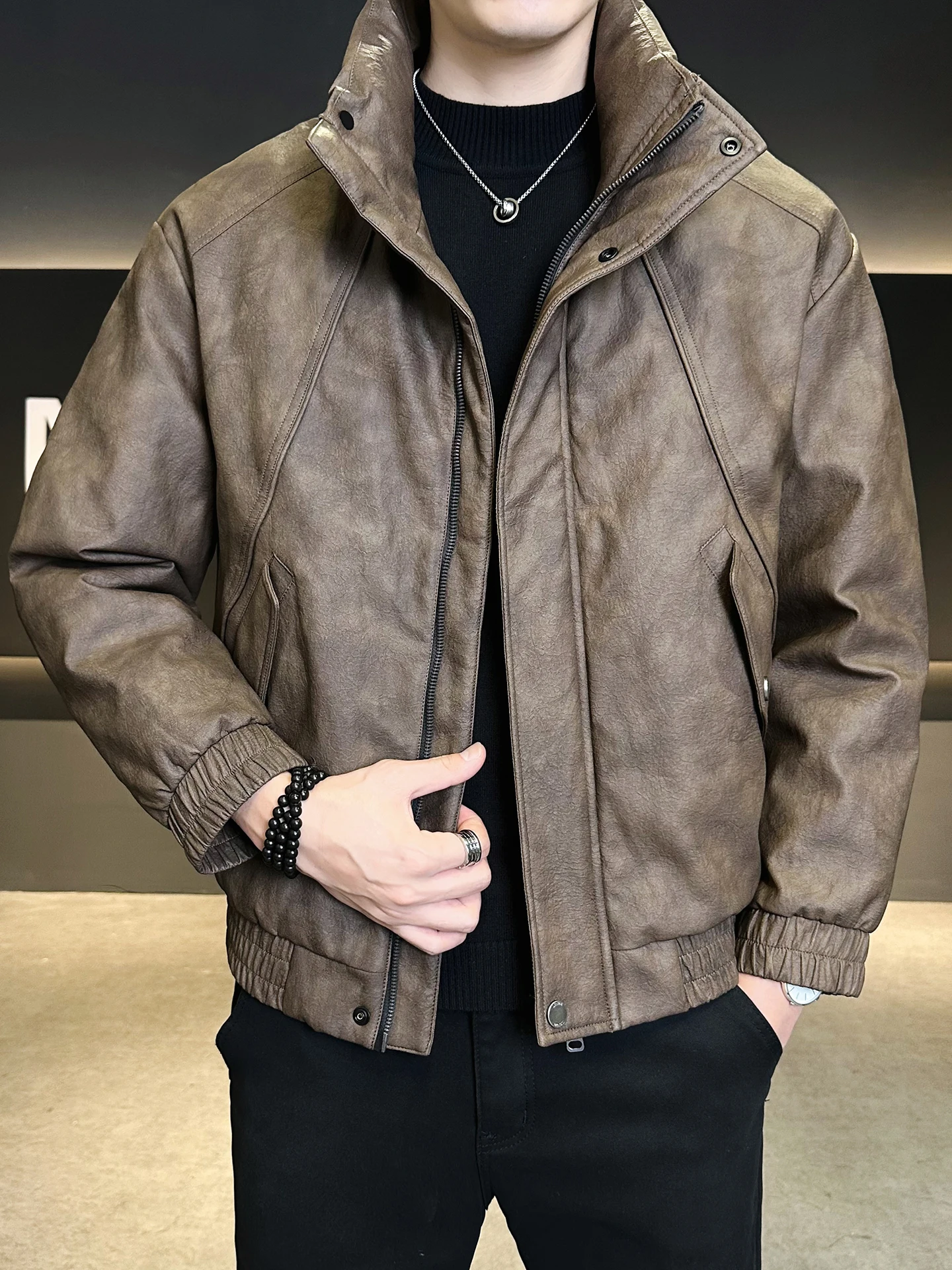 الرجال الجلود أسفل Jaet الأمريكية الرجعية Thiened الدافئة Du أسفل معطف التعادل صبغ الوقوف طوق الشتاء برهان ملابس خارجية #5