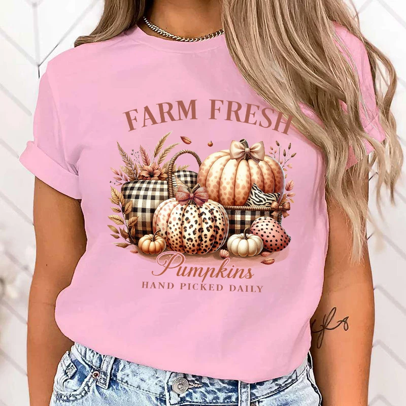 New Hot Autumn Farm Fresh Pumpkins Hand Picked Daily Printed T-Shirts Women Girl Unisex Casual Loose Round Neck