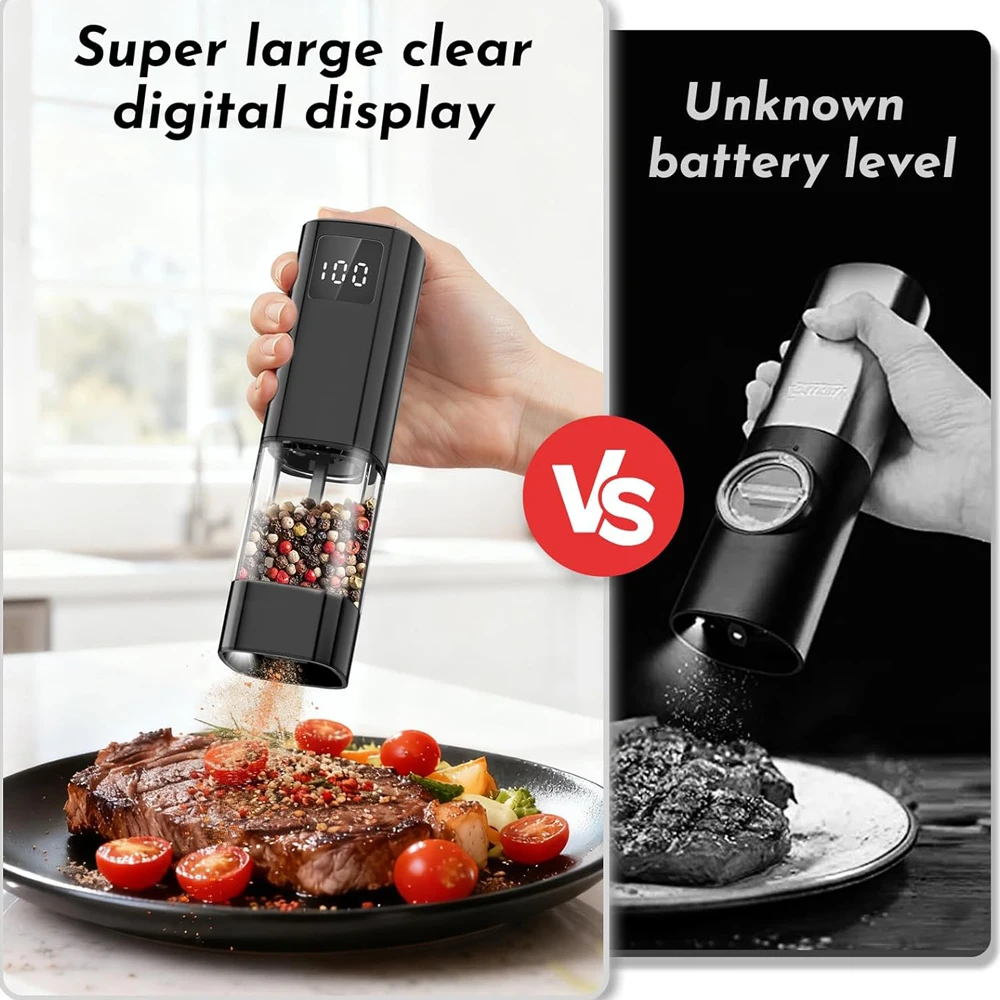 Electric Salt and Pepper Grinder Set Rechargeable with LED Display, Large Capacity Pepper Shakers with Ceramic Core,LED Light view 4