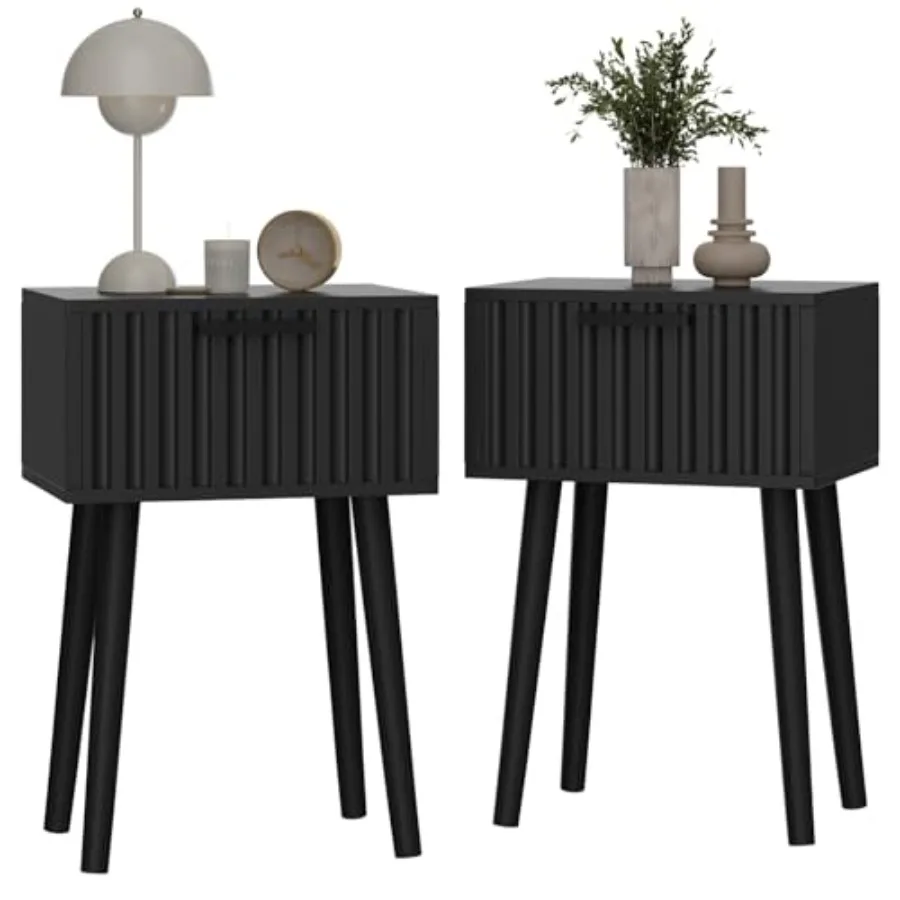 

Fluted Nightstand Set of 2 Small End Table Modern Coffee Table with Drawer Solid Wood Legs Retaining Chain 13.8" x 10.6" x 20.9