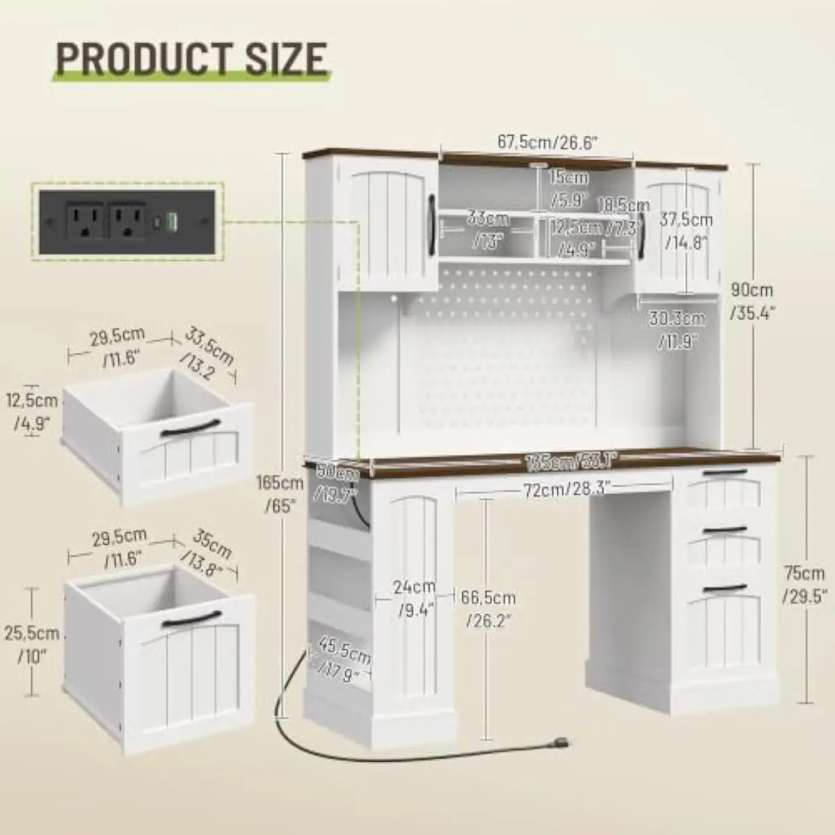 65 H Farmhouse Office Desk with Hutch Storage Adjustable Shelves Pegboard LED Light Strip Built-In Charging Hub 2 AC 1 USB 1 Typ