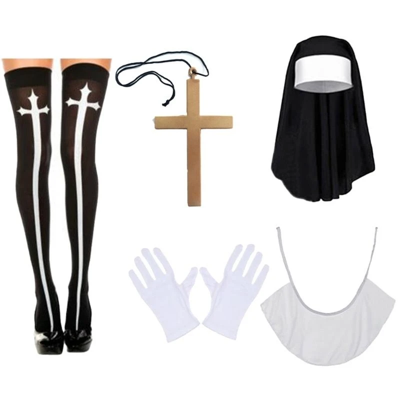 5asd แม่ชีเครื่องแต่งกายฮาโลวีนคอสเพลย์อุปกรณ์เสริม Headpiece ข้ามจี้สร้อยคอถุงน่องฮาโลวีนเครื่องแต่งกาย