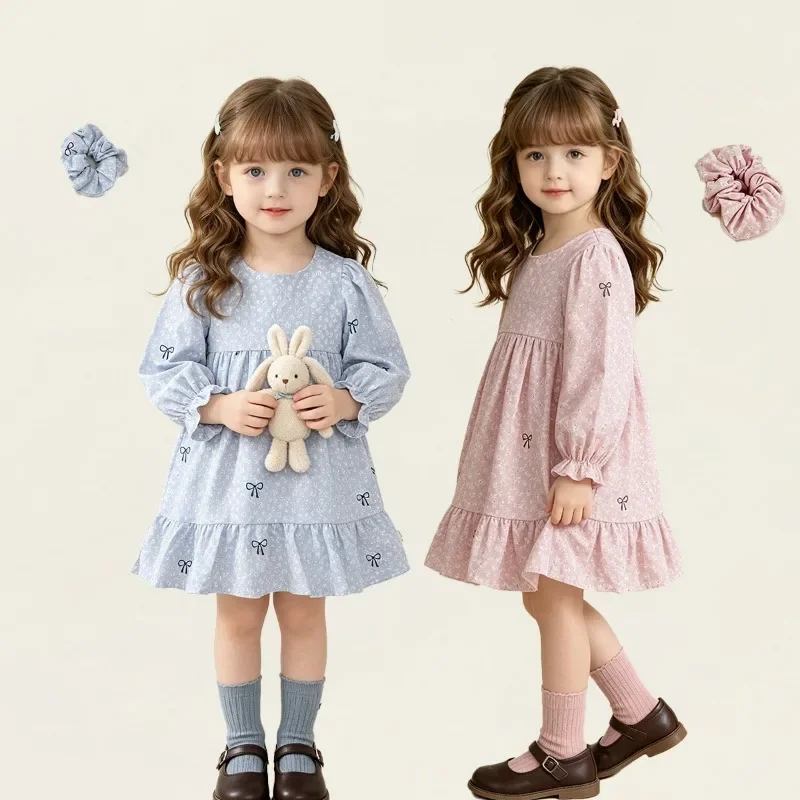 Kinder Mädchenkleid RAISE Herbst Schleife Blumendruck Kinder Mädchen Prinzessinnenkleid Rundhals 2-8 Jahre Mädchen Langarmkleid Haarband – Detail 2