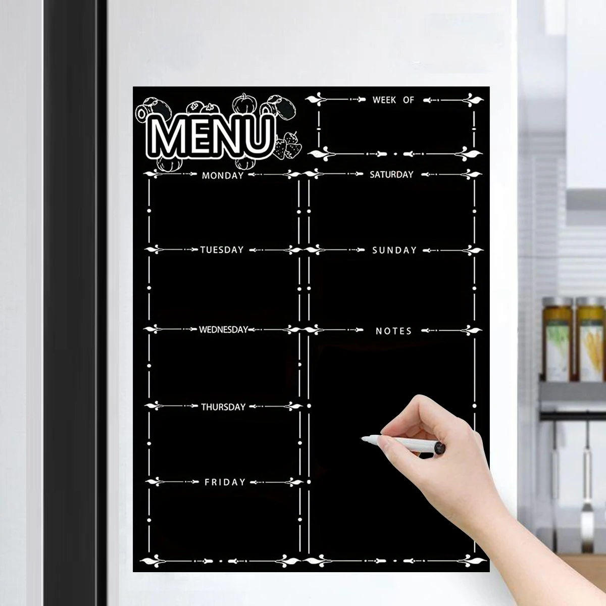 A magnetic refrigerator sticker with erasable soft whiteboard to prepare a weekly schedule for forgetting things