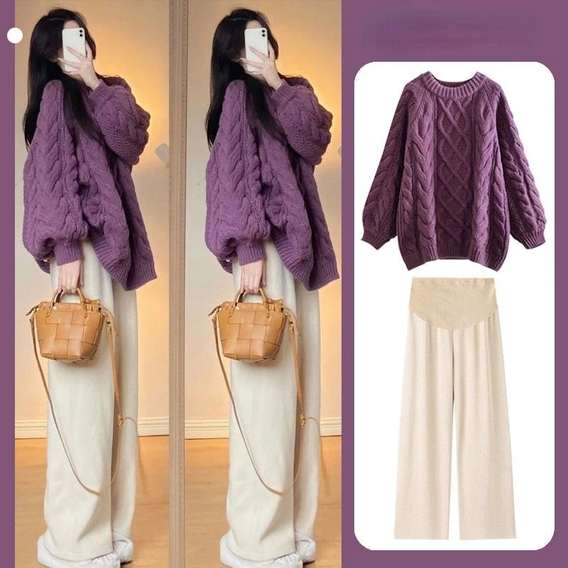 

Maternity Fall Winter Suit Korean Models New Design Sense Soft Retro Sweater Belly Wide Leg Pants Two-piece Set Maternity Tops