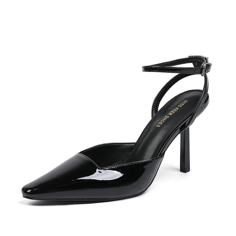 

Baotou patent leather sandals, women's slim heels, 2024 spring nightclub feng shui diamond black high heels, one line with tempe