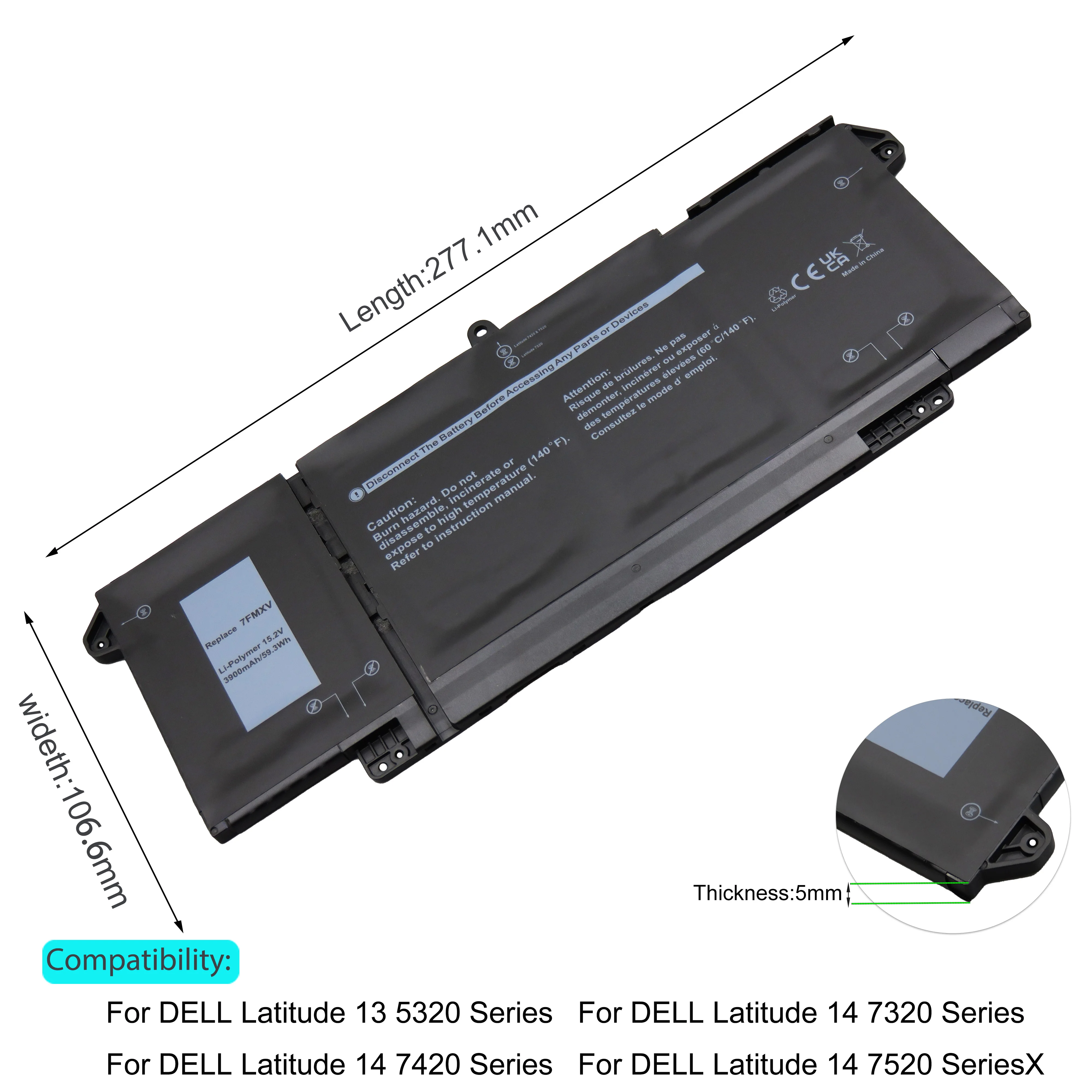 7FMXV  Laptop battery for DELL Latitude 5320 HDGJ8 MHR4G TN2GY 7320 7420 7520 4M1JN 1PP63 9JM71 15.2V 59.3Wh 3900mAh