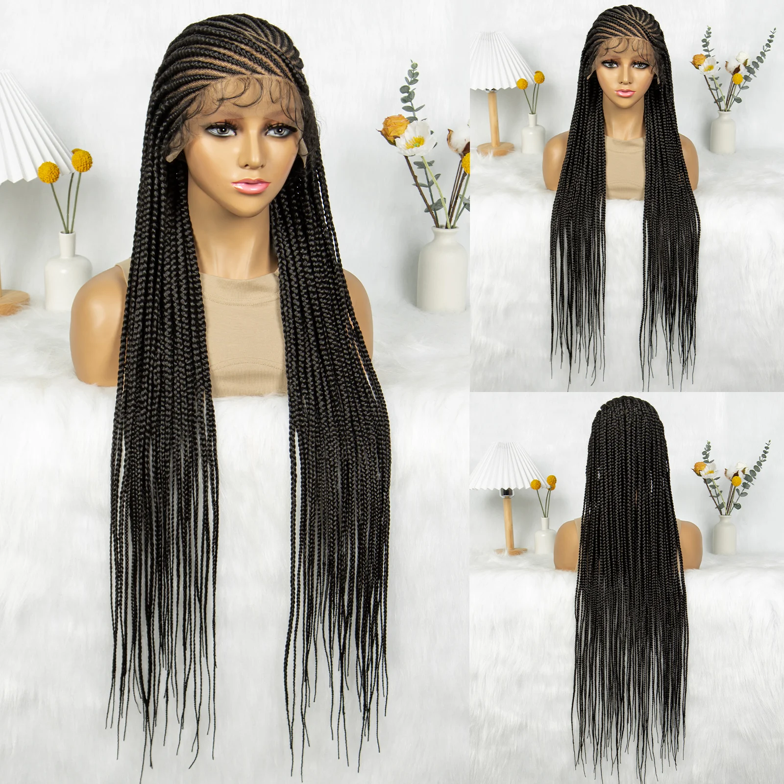 Kima Wig kepang Cornrow kotak sintetis Wig penuh renda untuk wanita Afrika 36 inci