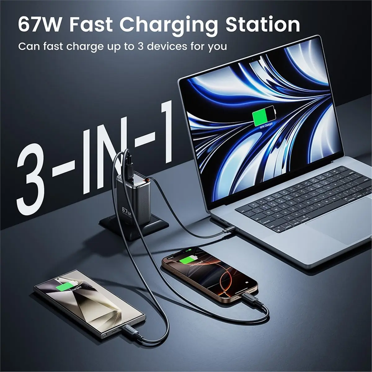 

(ABDH) US 67W GaN USB TYPE-C Charger with Retractable Type C Cable PD3.0 SFC2.0 Fast Charger