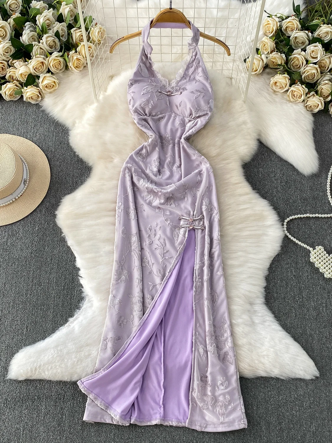 

Ele Chinese Sle V-Ne Embroidered Lace Me Dr Pure Desire High Waist A-Line Long Skirt No Sve Women's Dr