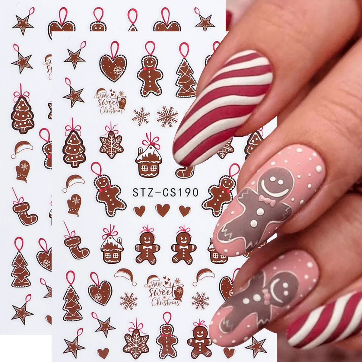 

2 шт., рождественские наклейки для дизайна ногтей с героями мультфильмов, пряничный человечек, носки, звезды, сердечки, рождественская елка, снежинки, самоклеящиеся наклейки для ногтей