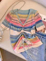 2024 New Summer Striped Print Drawstring Front Knitted Pullover Vacation V-neck Short Sleeve Colorblock Top Women's Clothing