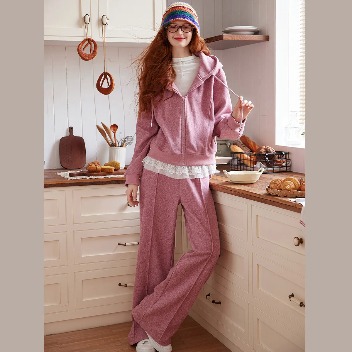 Fleece-Lined Thickened Women's Sets LOUIS YAO 2025 Autumn Winter Two-Piece Set Casual Hooded Cardigan and Straight-Leg Pants
