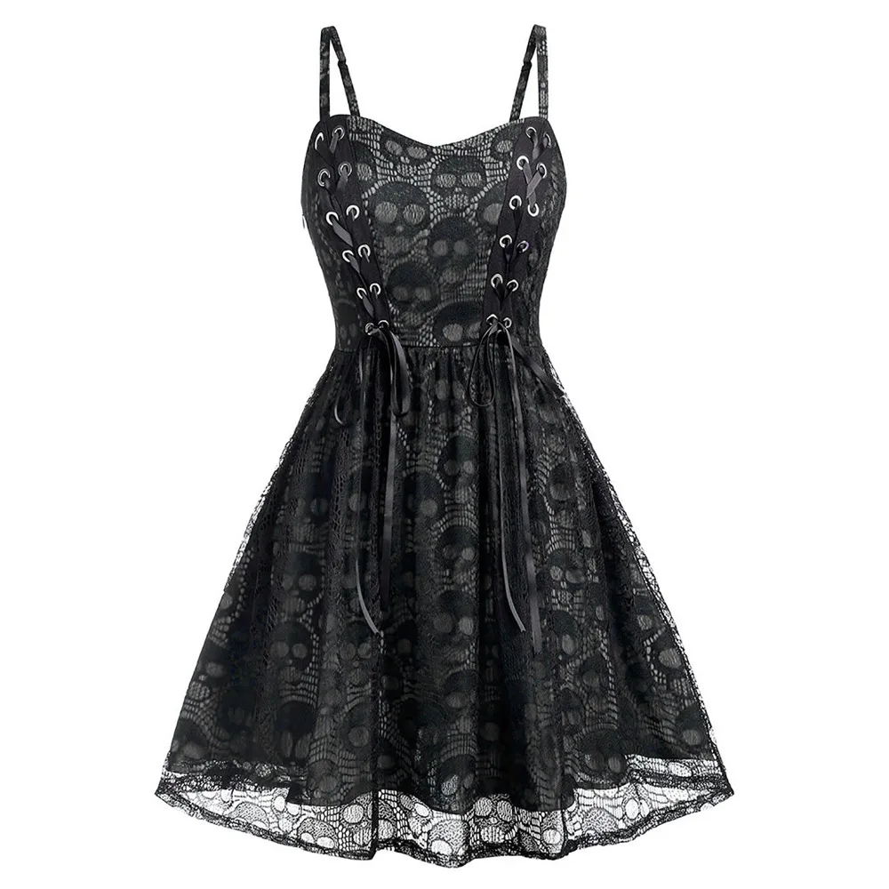 Punk Lace Spliced Skulls Dresses Fashion Sleeveless Sling Mini Dress For Women Gothic Sexy Dress Streetwear New Vestido De Festa
