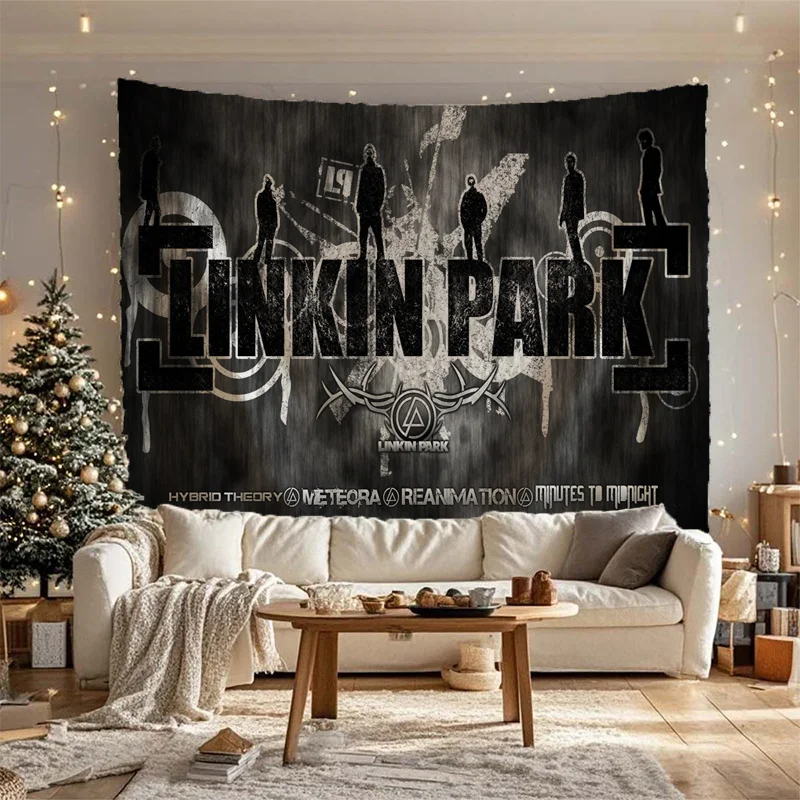Epic Linkin Park Tapestry with Iconic Band Silhouettes and Album Titles, Perfect for Fans and Ideal for Adding a Rock and Roll