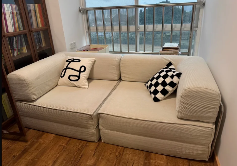 A Cream wind compressed fabric sofa living room straight row tofu block sofa bed