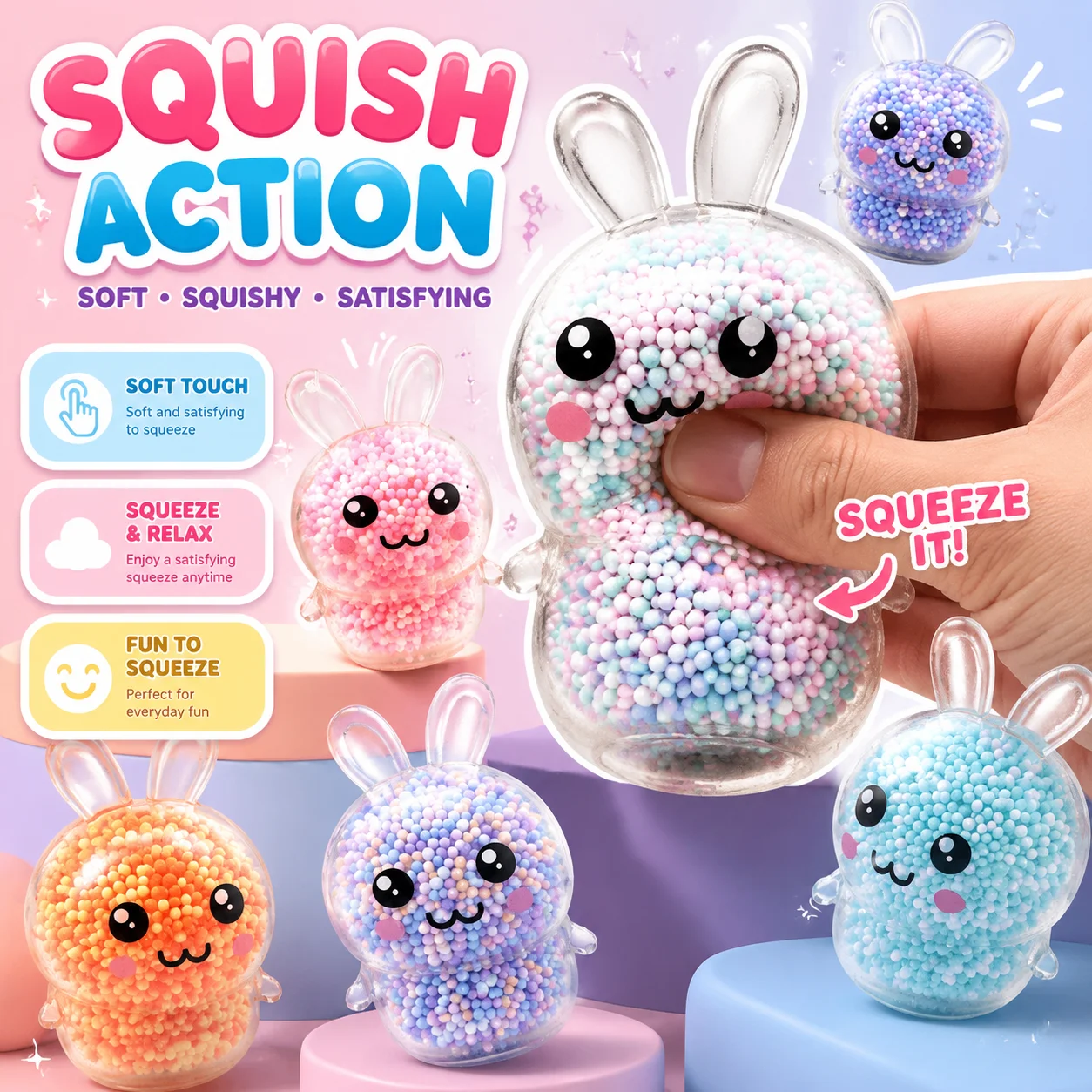 Light Up Squishy Bunny Stress Balls 3PCS Fidget Toys for Girls Kids Easter Basket Stuffers Stress Relief Rabbit Colorful