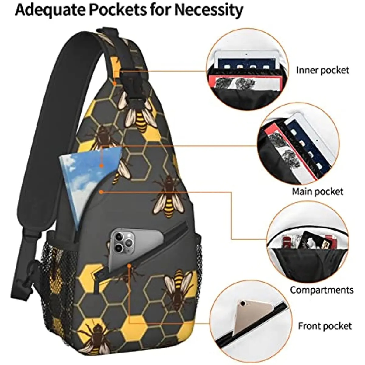 Bee Sling Bag Crossbody Travel senderismo Bags Mini mochila de pecho Casual Shoulder Daypack para mujeres y hombres, ligero