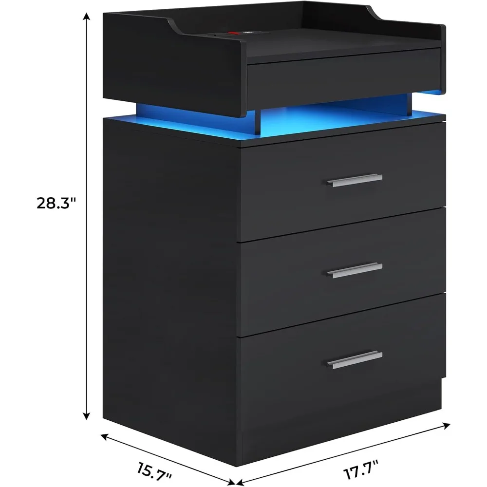 Black Nightstand ,LED Night Stand with Charging Station & Pull-Out Tray,Bedside Table with Drawers