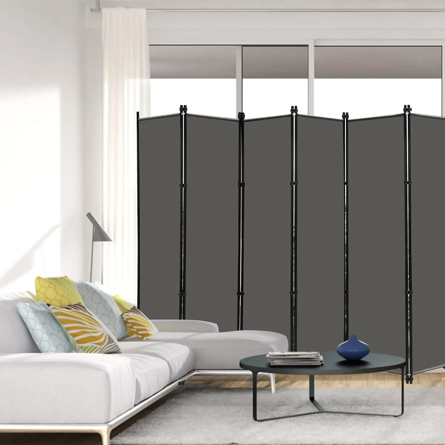 Folding Privacy Screen and Room Partition with 6 Panels, 9 ft Wide by 6 ft Tall