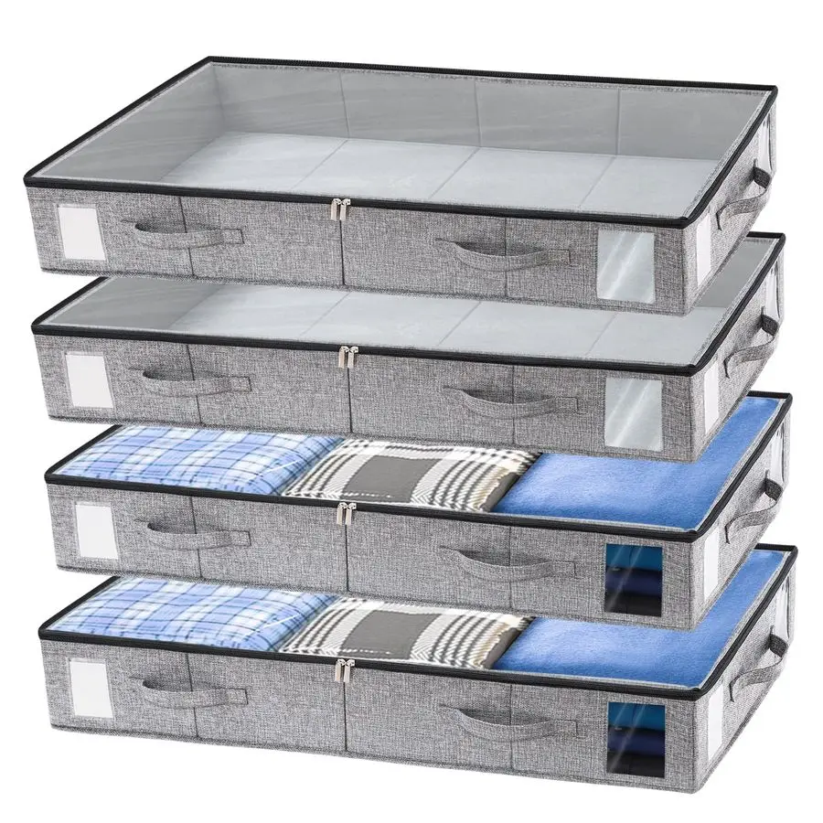 

4 Pack Under Bed Storage Containers, Stackable Closet Organizers and Storage Bins with Sturdy Support, Foldable Underbed Clothes