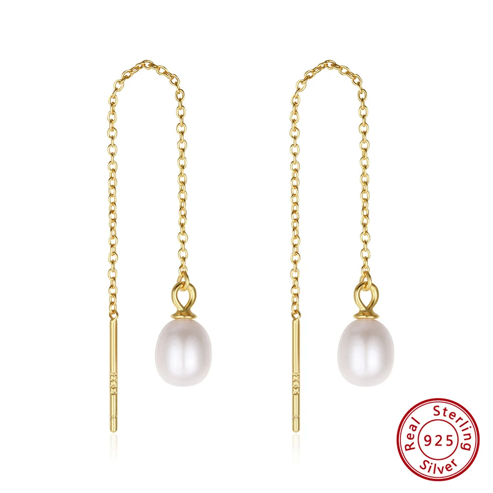 KISS MANDY 925 Silver Exquisite 14k Gold Pearl Tassel Drop Earring Simple Natural Pearls Long Ear Line Dangle Earrings GPE75