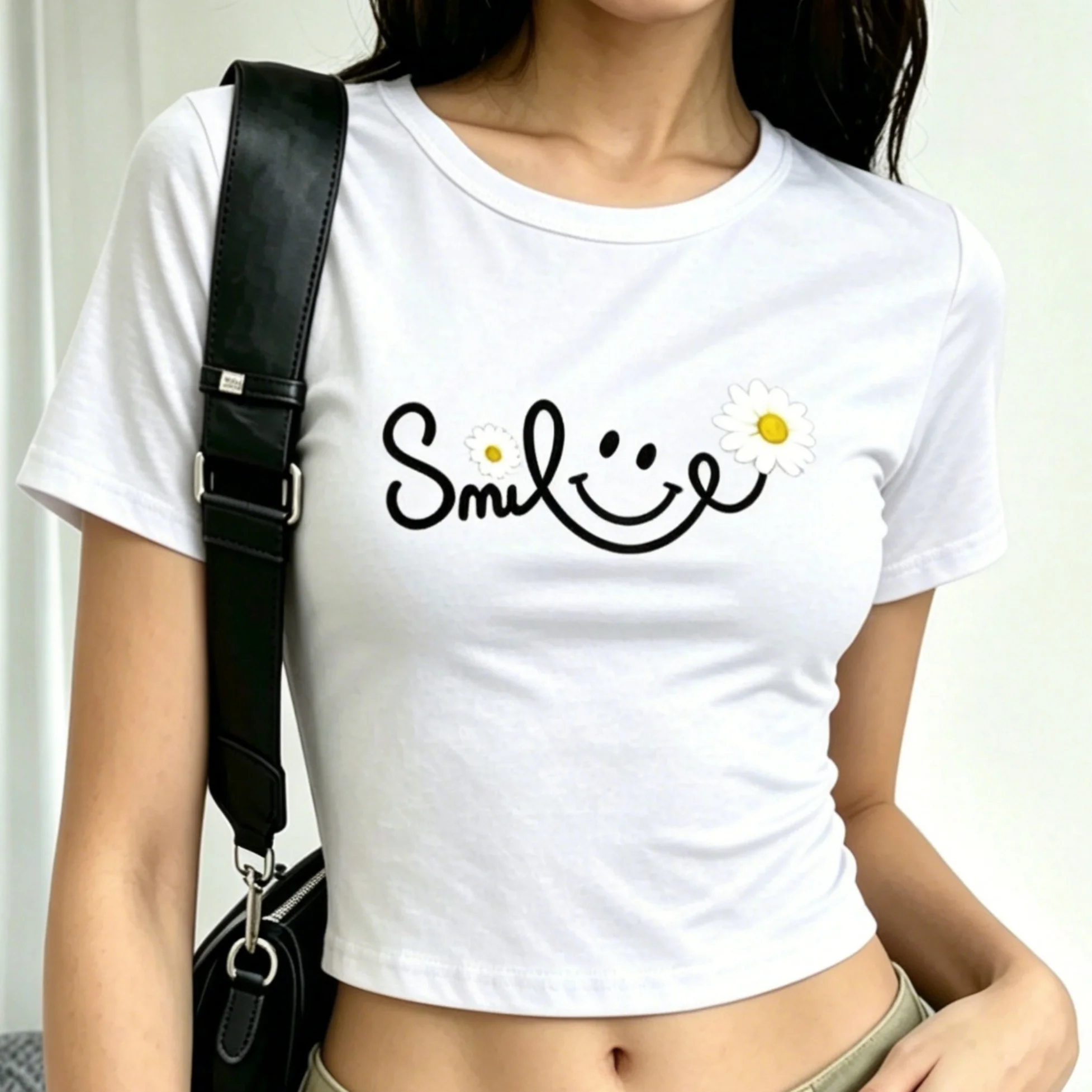 Smile Daisy Letter Crop Tee | Y2K Harajuku Black Fitted | Women's Summer Cotton Top