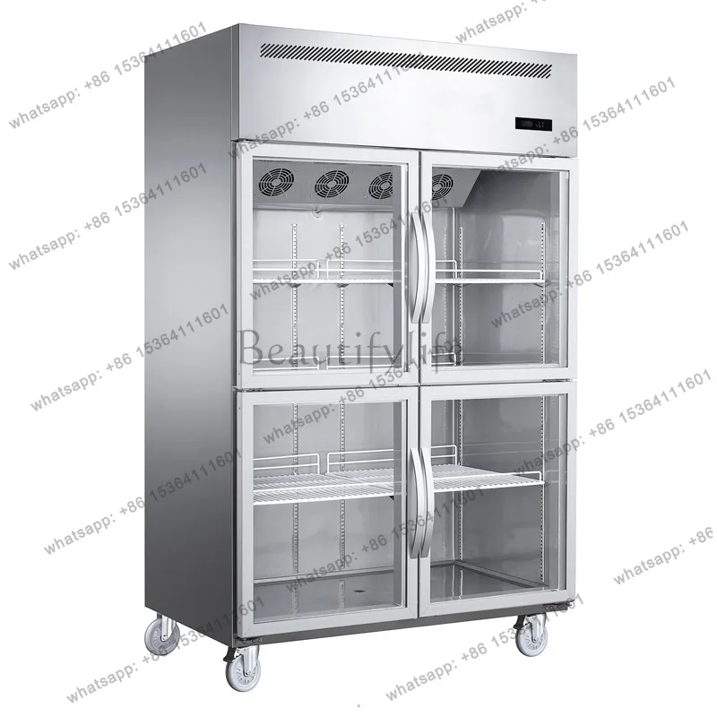 YJ Stainless Steel Vertical Four Door Straight Cooling Fridge Commercial Restaurant Beverage Display Showcase
