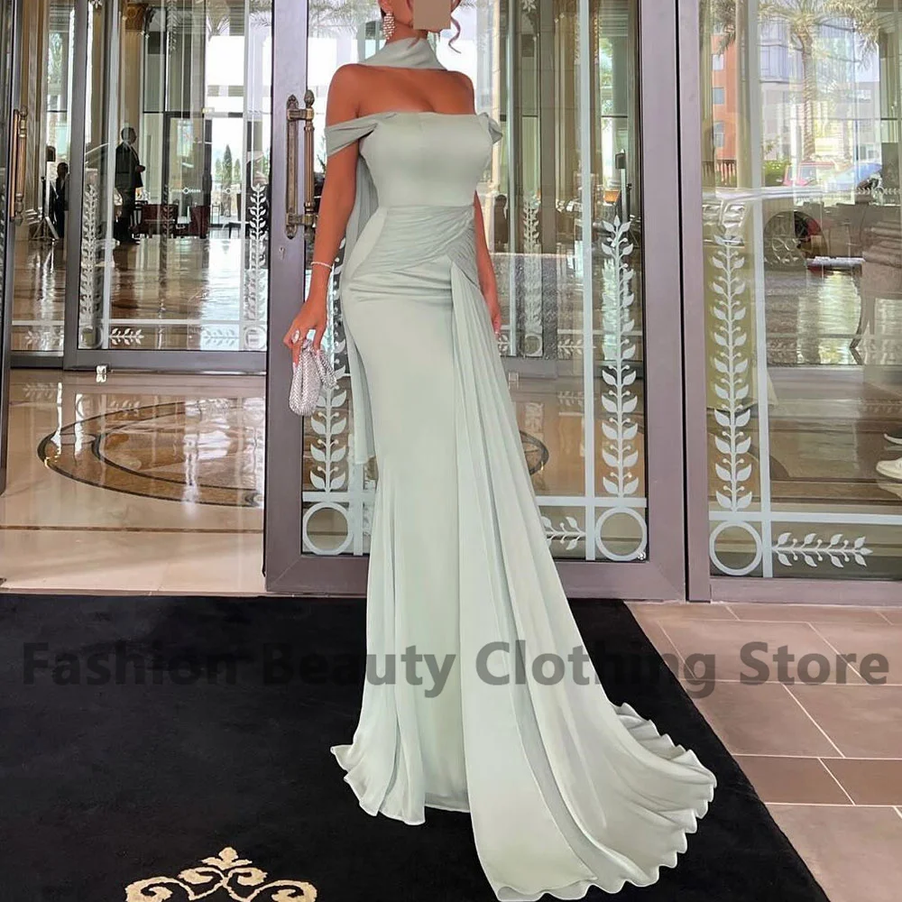 Simple Evening Dress Off The Shoulder Draped Shawl Mermaid Party Dress Court Train Backless Sexy Saudi Arabian فساتين السهرة