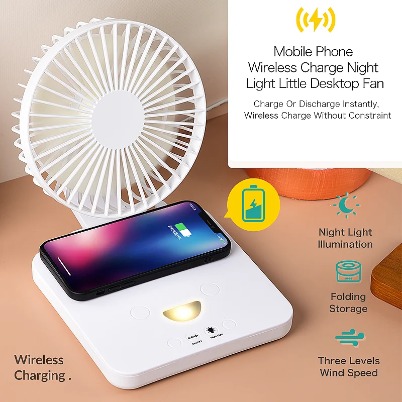 Multifunctional Table Wireless Charging Fan Lamp Smart USB Rechargeable Desktop Night Light Wireless Charger Folding Cooler Fan